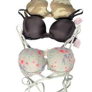 Lot of 3 Victoria Secret PINK Black, Camo and Mint Floral Lace Bras 34C